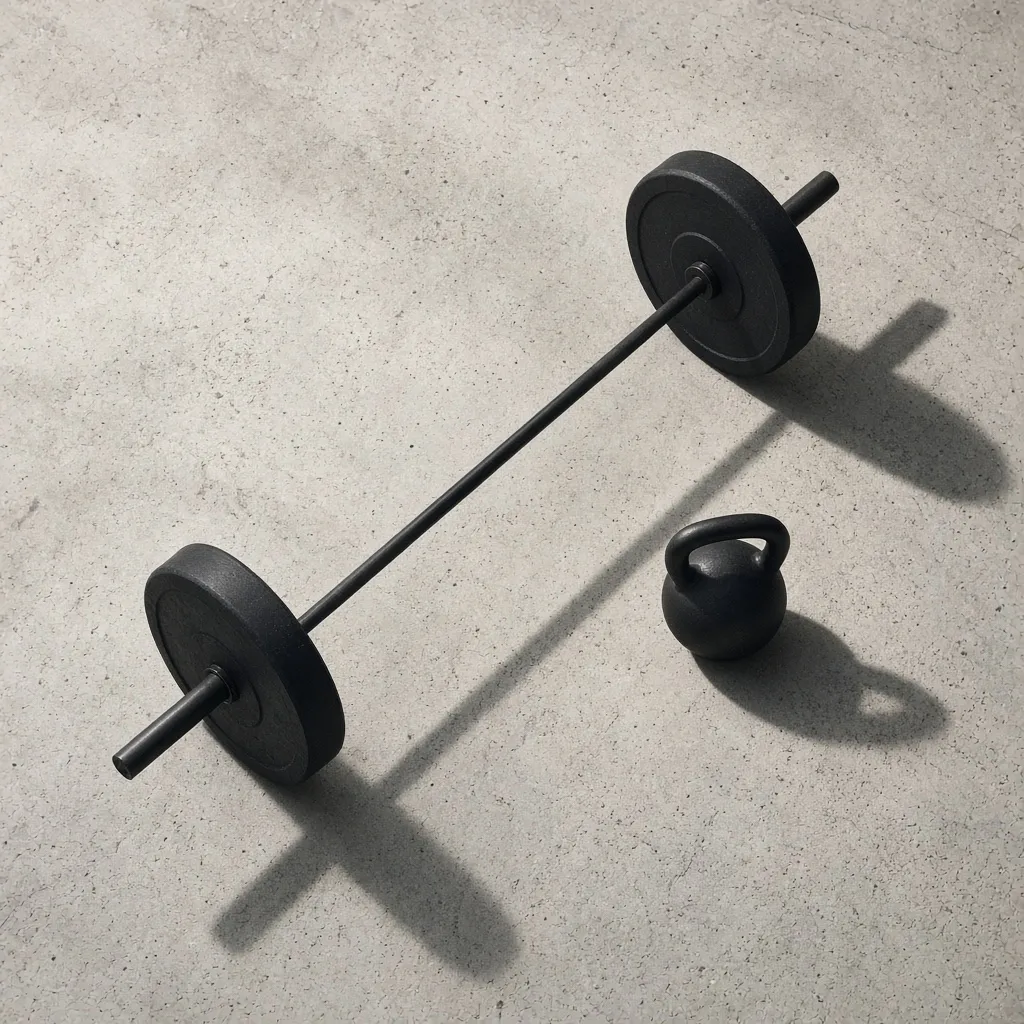 A loaded barbell and a kettlebell on a concrete floor
