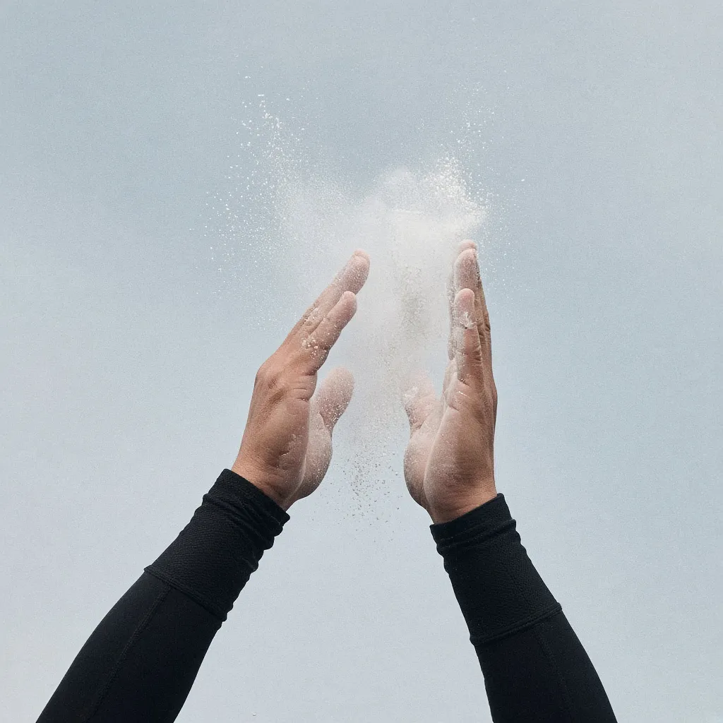 Two hands clapping chalk into the air against a pale sky