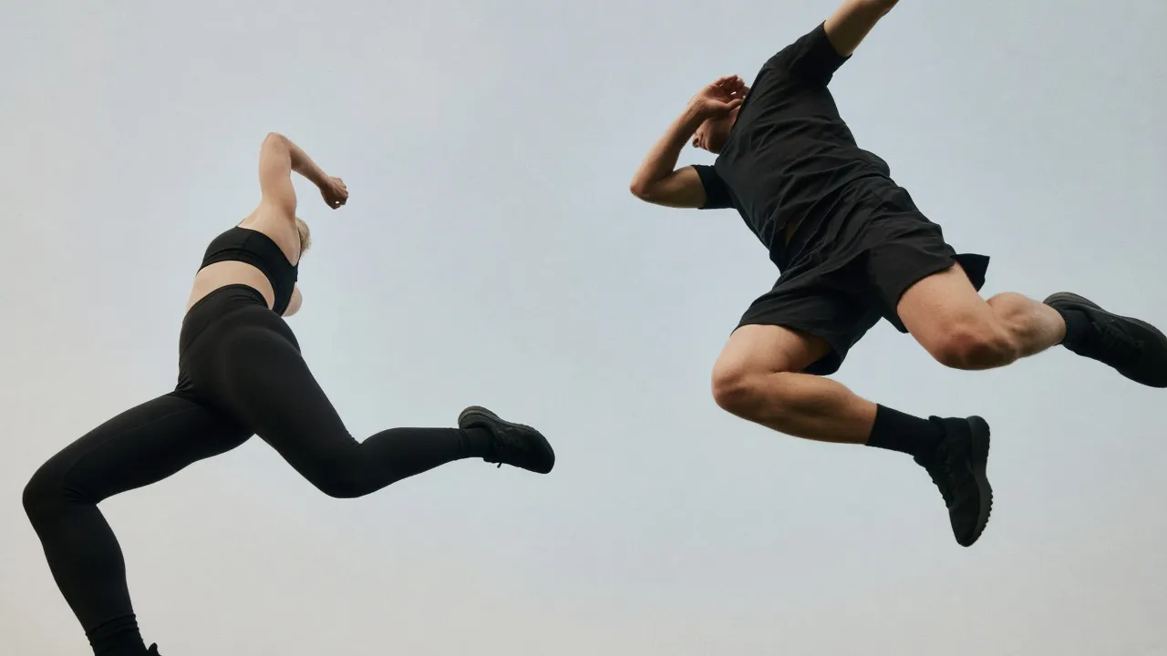 A woman and a man in black training kit mid-jump against a pale sky