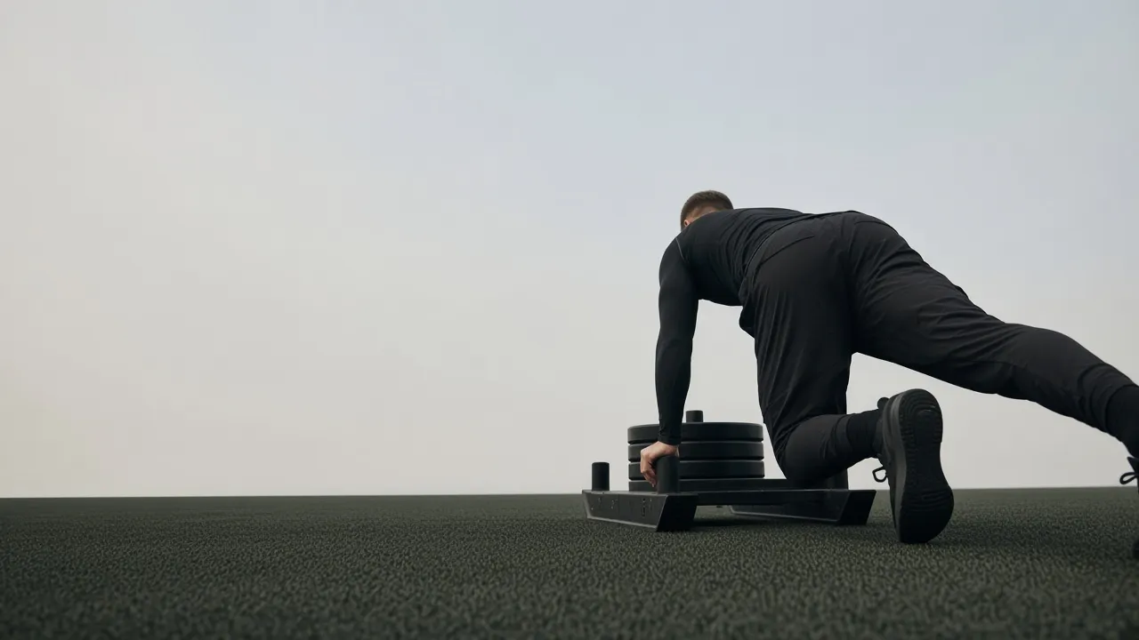A man in black leaning into a loaded sled on dark turf