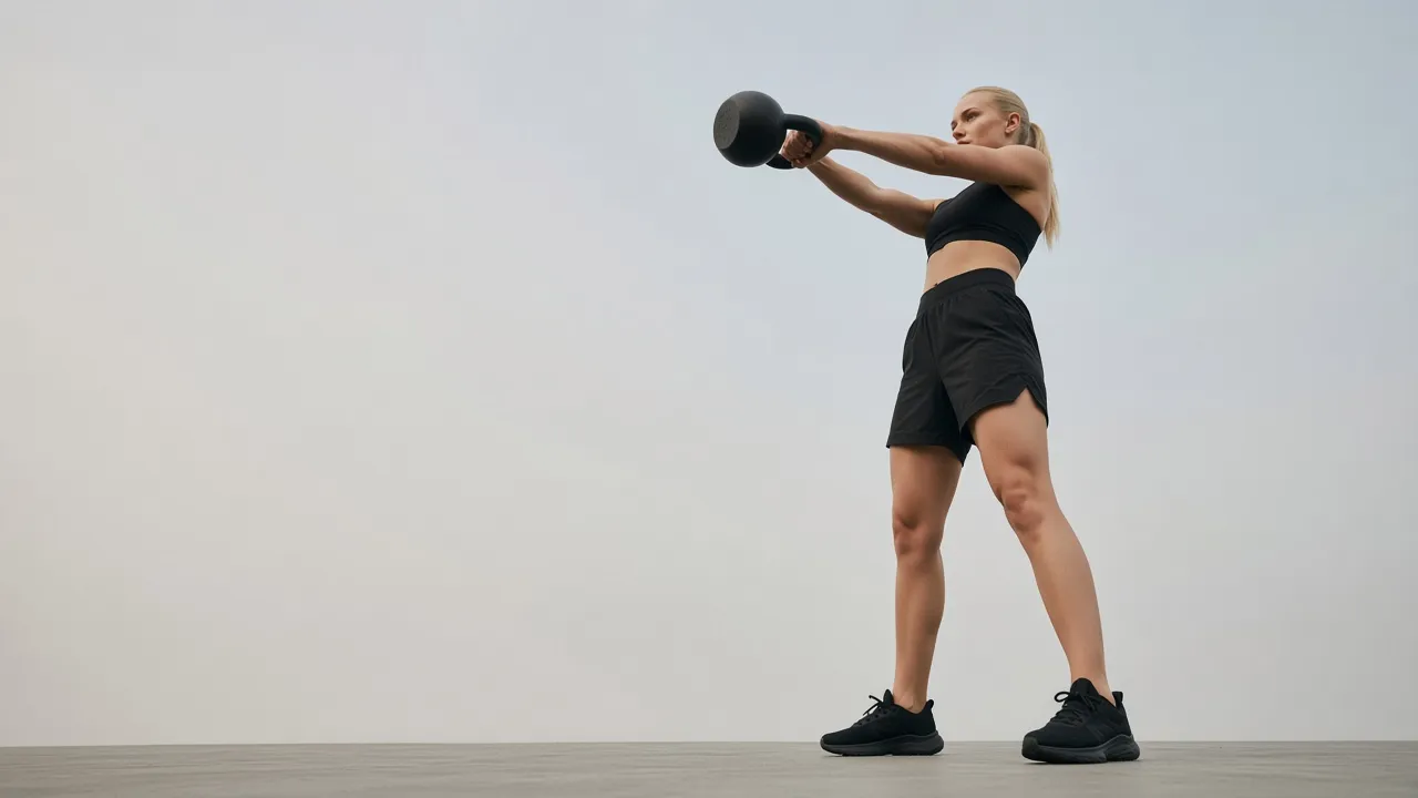 A woman in black kit at the top of a kettlebell swing against a pale sky
